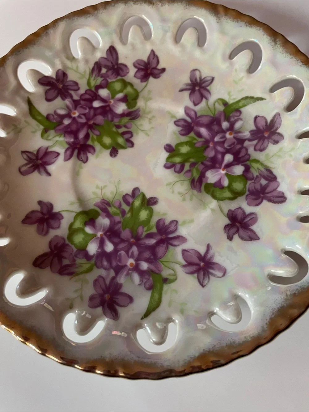 Royal Sealy Iridescent Purple lilacs Floral Decorative Reticulated Plate